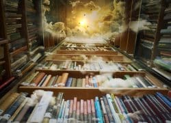 Library books under clouds and sunlight