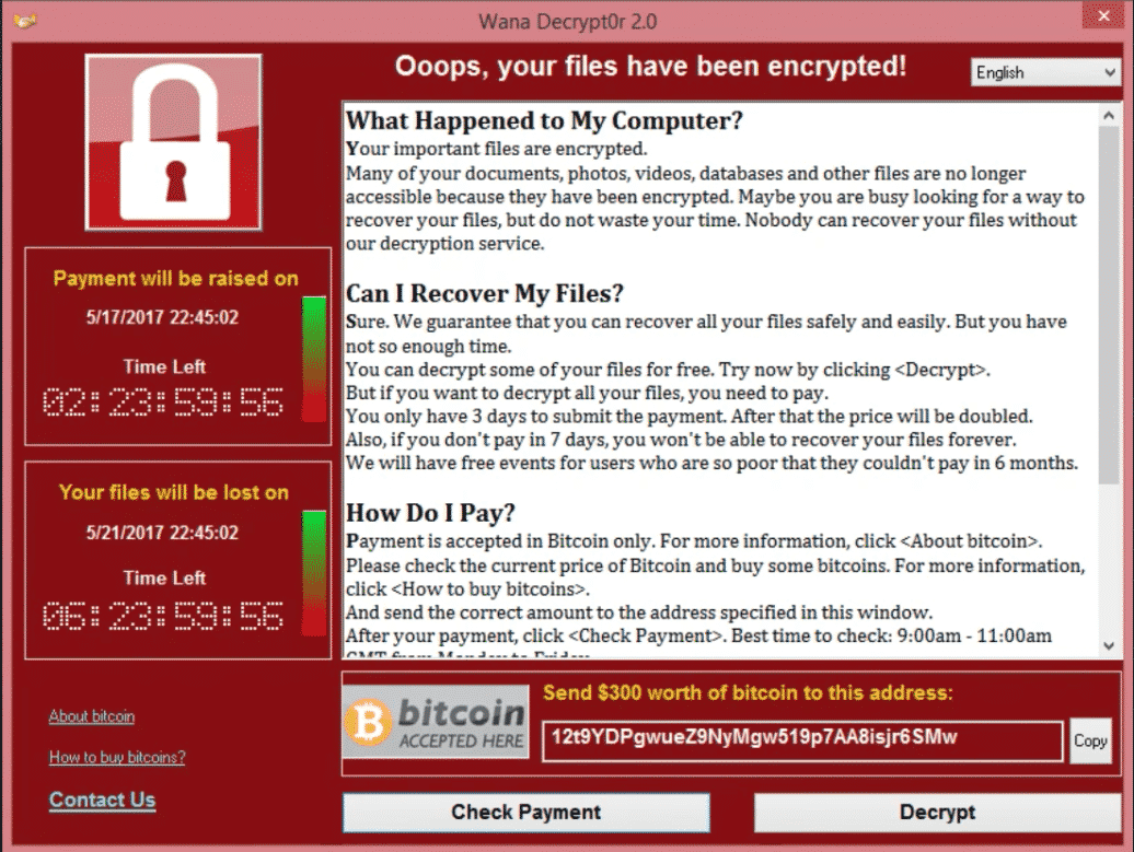 Disaster Recovery Plan - Sample WannaCry Ransomware Screenshot